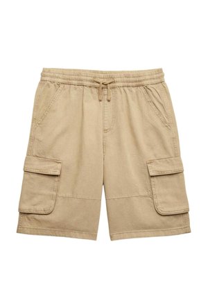 Beige cargoshorts til knæet med elastisk taljebånd, snøre, sidelommer og klaplommer på hvert ben.