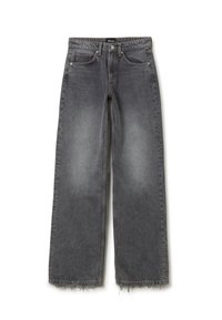 Jeans a gamba larga in denim grigio con orlo grezzo, dotati di una lavatura sbiadita e design classico a cinque tasche. Chiusura frontale con bottone e zip.