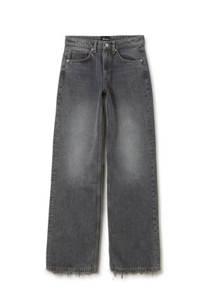 Jeans de denim gris de pierna ancha con dobladillo sin terminar, con un lavado deslavado y diseño clásico de cinco bolsillos. Cierre delantero con botón y cremallera.