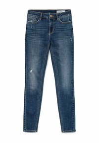 Jeans de corte skinny en denim azul oscuro, con detalles desgastados, cintura de talle medio, diseño de cinco bolsillos y costuras en contraste.