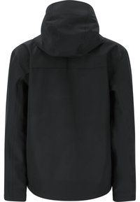 Svart vattentät jacka med huva, med en slät yta, minimalistisk design och utan synlig hårdvara eller detaljer på baksidan.