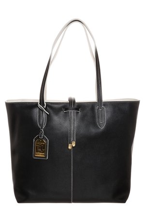 Sac fourre-tout en cuir noir avec double poignée et une étiquette de marque Lauren RL suspendue, ornée d'accents dorés, sur fond blanc.