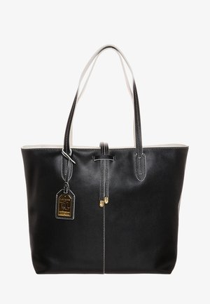 Sac fourre-tout en cuir noir avec double poignée et une étiquette de marque Lauren RL suspendue, ornée d'accents dorés, sur fond blanc.
