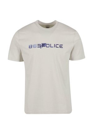 Lys beige T-shirt lavet af bomuld med et stort blåt '88 Police' grafisk design på fronten. Korte ærmer og rund halsudskæring.