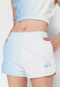 Shorts in cotone azzurro e bianco con elastico in vita, tasche laterali e logo ricamato blu sull'orlo inferiore.
