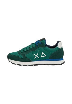 Groene en donkergroene sneaker met blauwe en groene veters, witte zool met blauwe streep en witte symbolen aan de zijkant.