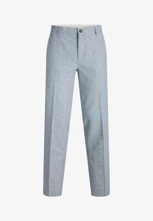 Svetlo sive formalne hlače z gumbom in zadrgo, ravnim krojem in subtilno teksturo.