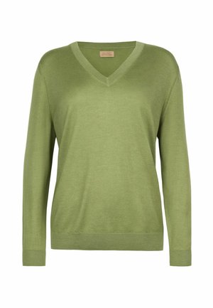 Pull vert clair à manches longues avec col en V, poignets et ourlet côtelés, fabriqué en tissu fin tricoté.