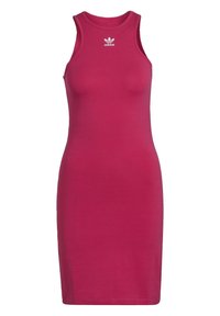 Růžové bezramínkové šaty s přiléhavým střihem, vyrobené z měkké látky. Mají kulatý výstřih a bílé logo Adidas na hrudi.