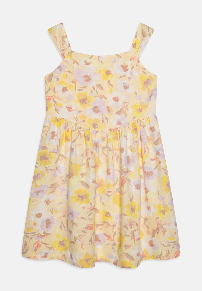 Vestido floral com um fundo amarelo, apresentando flores em tons de rosa pastel e roxo. Feito de tecido leve, possui uma saia franzida e alças finas.