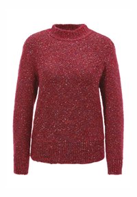 Roter Strickpullover mit hochgeschlossenem Kragen, strukturiertem Stoff, langen Ärmeln und lockerer Passform. Auffälliges gesprenkeltes Muster im gesamten Design.