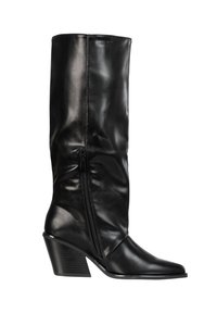 Sort læderstøvle til midtkalv med sidelås og stablet blokhæl, spids tå, glat finish, vist i højre profil.