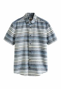 Koszula z krótkim rękawem, w naprzemienne niebieskie, białe i szare paski. Wykonana z lekkiego materiału, z kołnierzykiem zapinanym na guziki i guzikami z przodu.