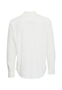Weißes Langarmhemd mit Kragen, geradem Saum und geknöpften Manschetten. Aus leichtem, strukturiertem Stoff gefertigt. Rückansicht gezeigt.