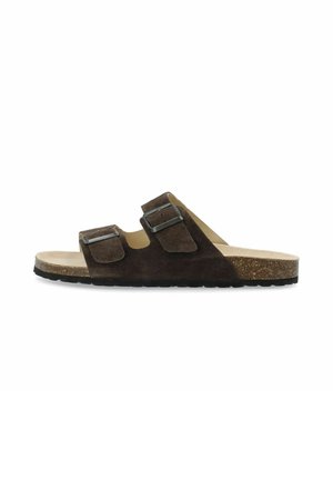 Braune Wildleder-Sandalen mit zwei verstellbaren Riemen, einem Korkfußbett und einer strukturierten schwarzen Gummisohle. Flaches Design für angenehmes Tragen.