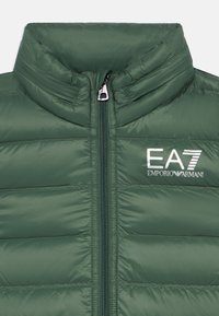 Zelená prešívaná bunda s vysokým golierom, zapínaním na zips a detailmi s logom. Vyrobená z hladkého syntetického materiálu s prešívaným dizajnom.