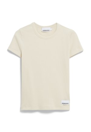 T-shirt à manches courtes beige clair en tissu côtelé. Doté d'un col rond et d'une petite étiquette avec "ARMEDANGELS" sur le côté inférieur.