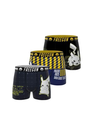 Trois paires de boxers à thème Pikachu avec des designs noirs, jaunes et bleus, comportant des graphismes de Pikachu et le texte "Attrapez-les tous".