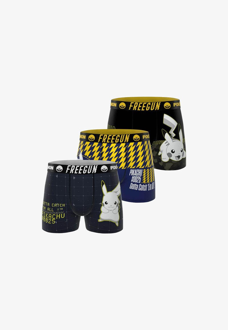 Trois paires de boxers à thème Pikachu avec des designs noirs, jaunes et bleus, comportant des graphismes de Pikachu et le texte "Attrapez-les tous".
