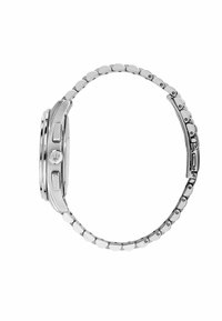 Montre-bracelet en métal argenté avec une finition polie, un boîtier rond, des poussoirs texturés et un bracelet en maillons avec des maillons de forme ovale.