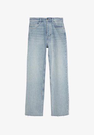 Jasnoniebieskie, wysokie spodnie dżinsowe o prostych nogawkach, z przodem na guzik, zamkiem błyskawicznym i wzorem z pięcioma kieszeniami, z surowym wykończeniem na dole.