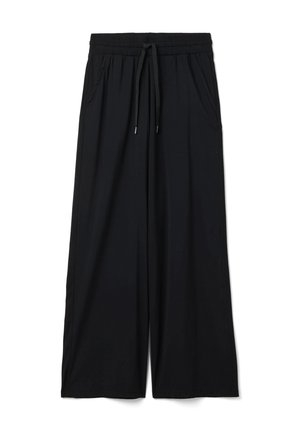 Pantalones negros de pierna ancha con cintura elástica y cordón frontal, con bolsillos laterales y dobladillos rectos.