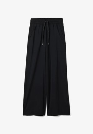 Pantalones negros de pierna ancha con cintura elástica y cordón frontal, con bolsillos laterales y dobladillos rectos.