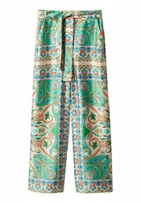 Pantalon large à motifs dans des tons bleu sarcelle, crème et terre. Il présente une taille nouée et des motifs floraux et cachemire complexes sur toute la surface.