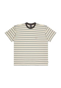 Cotton t-shirt with short sleeves, beige base, horizontal blue and green stripes, dark brown ribbed crew neck, small logo on chest.