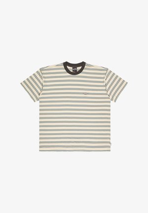 Cotton t-shirt with short sleeves, beige base, horizontal blue and green stripes, dark brown ribbed crew neck, small logo on chest.