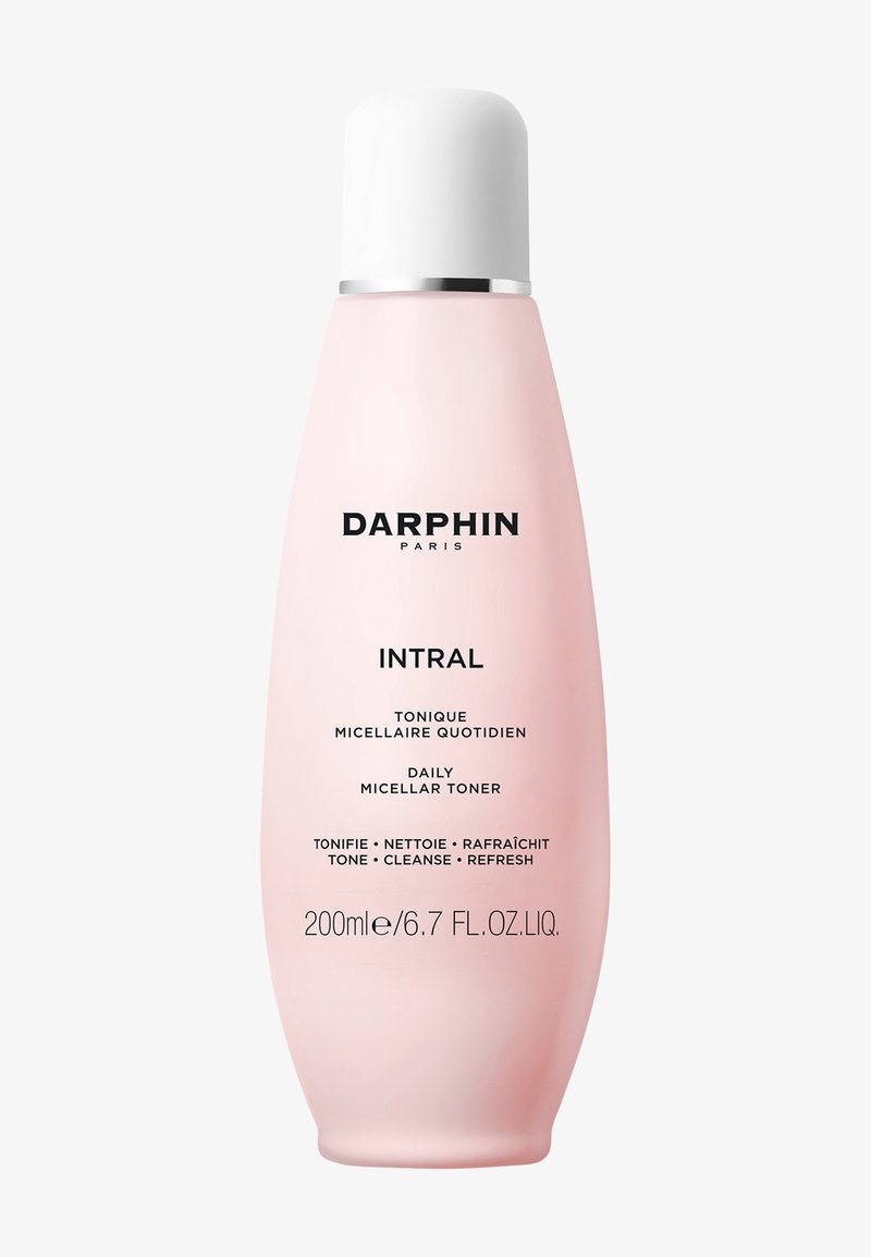 Rosa Flasche Darphin Intral tägliches Mizellares Tonikum mit weißem Deckel, 200 ml, beschriftet zum Tonisieren, Reinigen und Erfrischen der Haut.