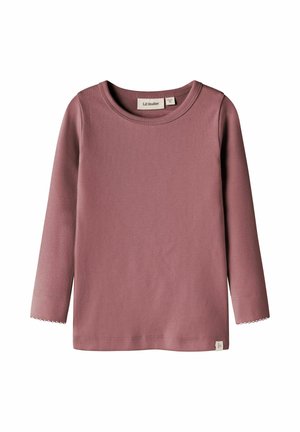 Bluzka niemowlęca z długim rękawem w kolorze fioletowym z okrągłym dekoltem i małą koronkową lamówką na mankietach, oznaczona Lil’ Atelier, rozmiar 90.