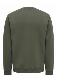 Vue arrière d'un sweat-shirt uni à manches longues, col rond, vert olive, sans logos ni motifs visibles.