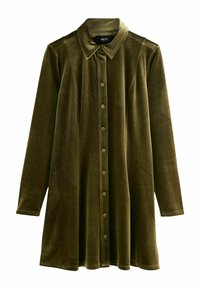 Rochie din catifea verde măslinie, cu mânecă lungă, guler ascuțit și nasturi în față, etichetată cu "NEXT" la guler.