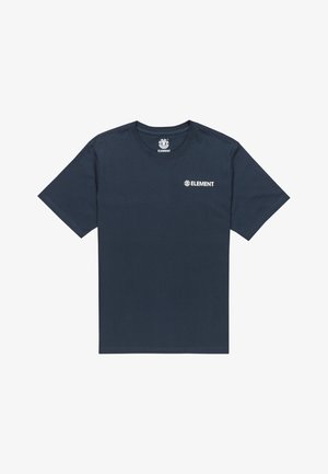 Navy blauwe katoenen t-shirt met korte mouwen, ronde halslijn en klein wit "ELEMENT" logo op de linker borst. Glad, lichtgewicht textuur.