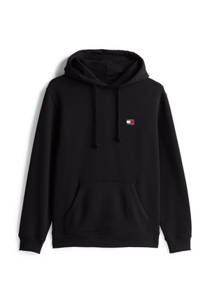 Black sweatshirt with a hood, front pouch pocket, and drawstrings. Features a small colored logo on the chest. Made of soft fabric.