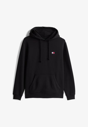 Svart hettegenser med lommesekk foran og snor i hetta. Har en liten farget logo på brystet. Laget av myk stoff.