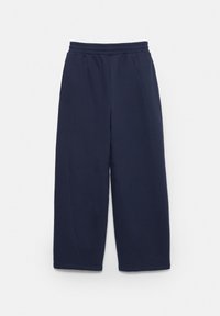 Pantalon bleu marine à jambes larges avec taille élastique, poches avant et détails de couture subtils sur fond blanc uni.