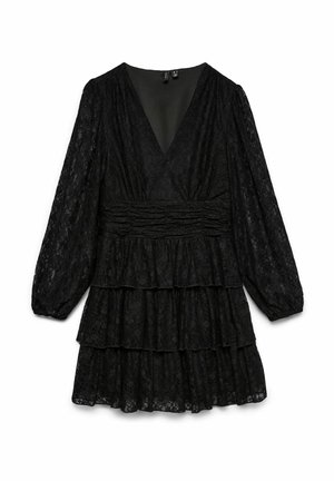 Mini-robe noire en dentelle à manches longues, col en V, taille froncée et jupe à volants superposés.