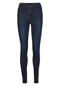Mörka denim skinny jeans med en slät yta, femficksdesign, knappstängning fram och subtila horisontella sömmar.