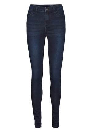 Mörka denim skinny jeans med en slät yta, femficksdesign, knappstängning fram och subtila horisontella sömmar.