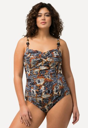 Einteiliges Badeanzug mit einem Blumenmuster in Orange, Marineblau und Creme, ausgestattet mit verstellbaren schwarzen Perlenriemen und einem gerafften Vorderteil.