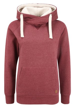 Burgunderfarget hettegenser med fleecefôret hette, kremfargede snorer, frontlomme og ribbestrikkede mansjetter. Myk tekstur og uformelt design.