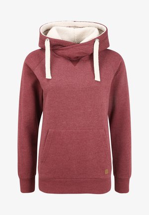 Bordo dukserica s kapuljačom podstavljenom flisom, krema boje vezica, prednja džepna torba i rebraste manžetne. Mekani materijal i ležeran dizajn.