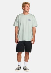 Lys mintgrøn bomulds t-shirt med korte ærmer og rund halsudskæring, prydet med et lille blåt logo. Sætter sammen med sorte shorts og sneakers.
