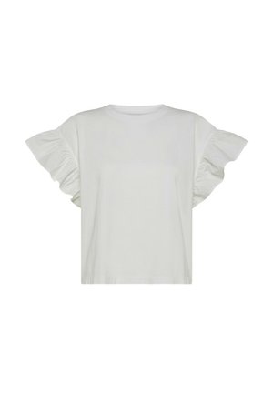 T-shirt bianco in cotone con maniche corte e volants e scollatura rotonda. Caratterizzato da una vestibilità morbida e un design minimalista. Nessun motivo o logo visibili.