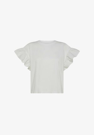 T-shirt bianco in cotone con maniche corte e volants e scollatura rotonda. Caratterizzato da una vestibilità morbida e un design minimalista. Nessun motivo o logo visibili.