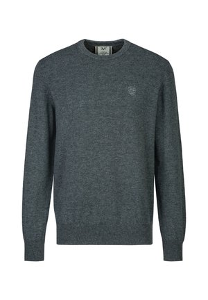 Dunkelgrauer Pullover mit Rundhalsausschnitt und langen Ärmeln, mit gerippten Bündchen und Saum, mit kleinem gesticktem Logo auf der linken Brust.