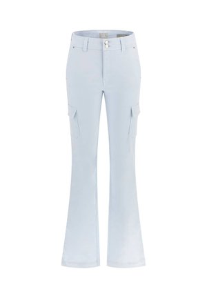 Pantaloni cargo azzurri chiari con forma svasata, due tasche laterali e chiusura frontale con bottone. Realizzati in un tessuto misto cotone.