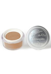 Translucente ronde container met beige poeder, voorzien van een zilveren deksel met de opdruk "Poudre de Riz Dermophile" en gedetailleerde rand.